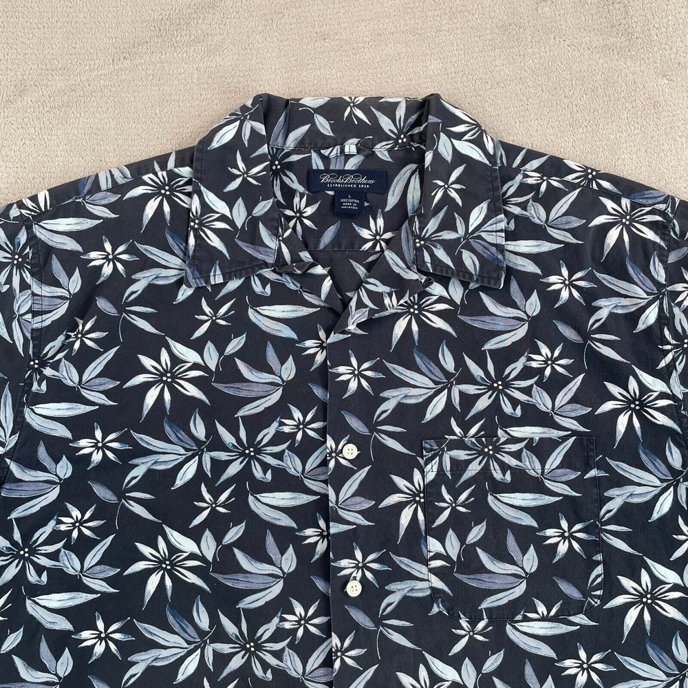 Brooks Brothers Camp Shirt Men‎ Large Blue Floral Hawaiian Loop Collar SS